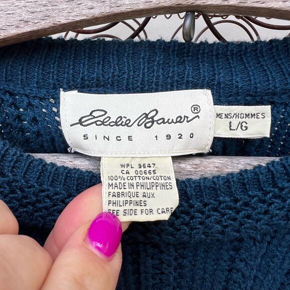 Vintage 90s Eddie Bauer Dark Teal Blue Rib Knit Crewneck Sweater Cotton LARGE - Picture 3 of 8